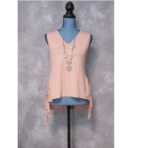 NWT Azbro Dusty Pink High Low Fringe Top Size M